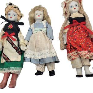 3 Old Vintage Ethic Styled Lady Porcelain Dolls in International Costumes